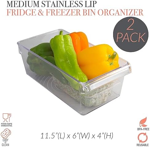 Kitchen Details 2 Pack Medium Refrigerator Storage Bin | Fridge & Freezer | Kitchen Organization | Stainless Steel Handle | Countertop | Cabinets | Pantry | Clear