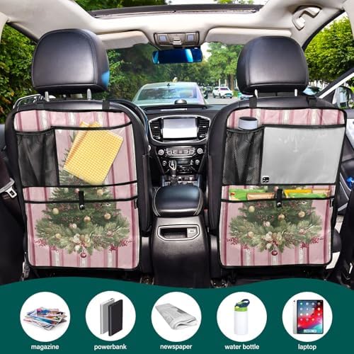 2 Pack Back Seat Car Organizer with Storage Pockets Kick Mats Back Seat Protector Hanging Car Organizer Automotive Seat Back Cover Organizers Cute Pink Striped Christmas Tree