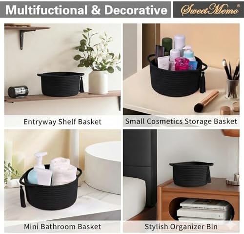 Small Gift Basket Empty to Fill with Gifts Bag & Ribbon, Black | Cute Decorative Mini Woven Rope Basket with Handles for Gifting; Reusable for Bathroom Counter or Desk Catchall, 8 x 4.7 in