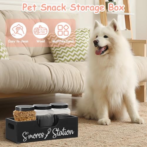Wood Dog Treat Container with 3 Plastic Treat Jars, Large Capacity Dog Food Container, Multifunctional Pet Food Storage for Countertop