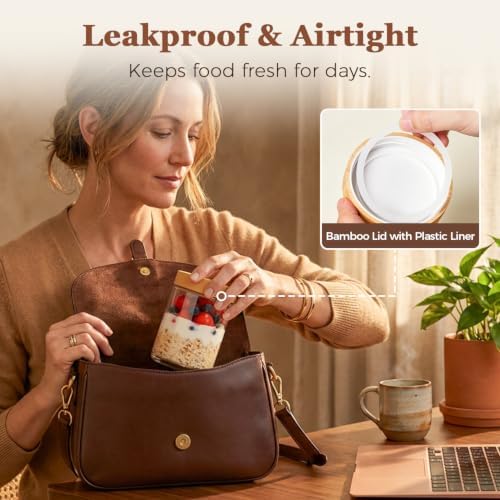 ComSaf Overnight Oats Containers with Lids 16 oz, Small Glass Jars 4 Pack | Mason Jar, Plastic Liner, Portable Yogurt Containers, Leakproof and Reusable Storage Jar, Oat, Meal Prep, Salad, Chia Pudding