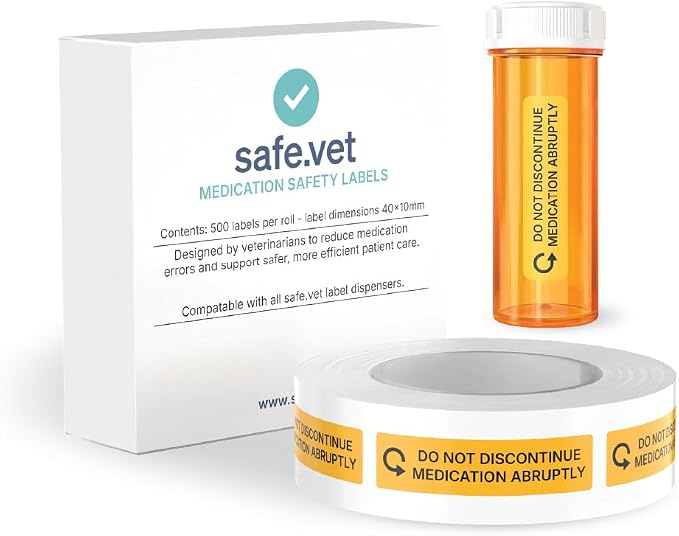 Dispensed Medication Veterinary Pharmacy Labels | Roll of 500 | Clinical-Grade Color-Coded Stickers for Medication Bottles (Do Not Discontinue Abruptly)