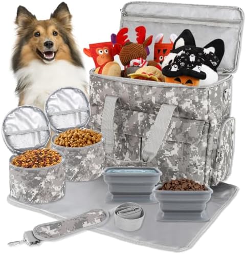 Dog Travel Bag with 2 Food Containers Collapsible Bowls & Feeding Mat,Camo