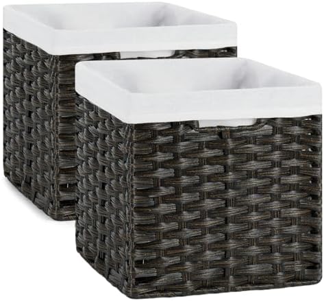 Bidtakay Wicker Cube Baskets with Liners 11 inch 2 Pack Waterproof Imitation Hand-Woven Wicker Storage Baskets for Shelves and Organizing Pantry and Bedroom Blackish-tan