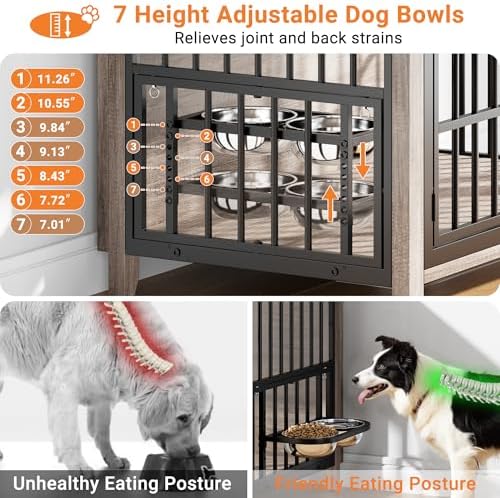 YaFiti 37.7" Wooden Dog Crate Furniture for Medium Dogs, Grey | Adjustable Feeder, 2 Bowls, Chew-Resistant, Heavy Duty, Dog Kennel Indoor, Decorative Side End Table, Pet Cage House