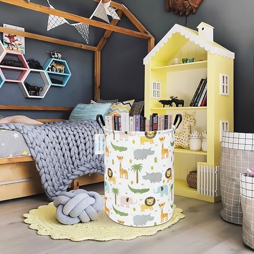 Round Laundry Basket Collapsible Storage Hamper Organizer Animal | Waterproof Canvas Foldable Baskets with sturdy Handles Multi-scene Organizer for Home Play Bedroom Gift Bin