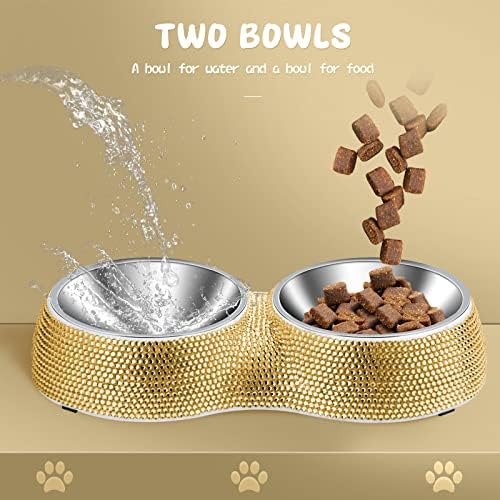 eing Dog Bowls Double Dog Water and Food Bowls Stainless Steel Bowls with Non-Slip Resin Station and Bling Rhinestones, Pet Feeder Bowls for Puppy Medium Dogs Cats Puppy Pets,Gold