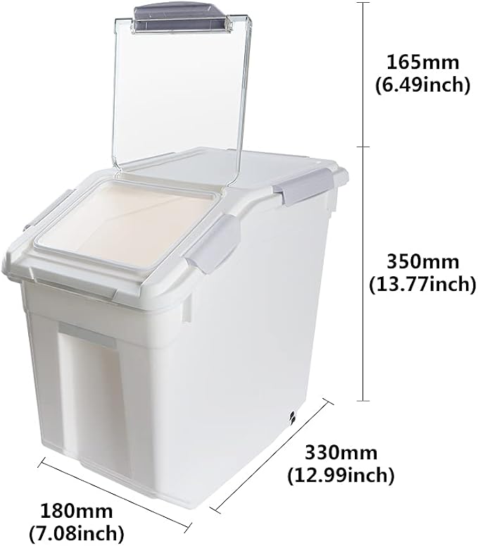 Airtight Flour Storage Container 25 lb Rice Storage Container with Wheels Seal Locking Lid, Food Containers with Measuring Cup& Scoop for Flour, Rice, Grain(Gray)
