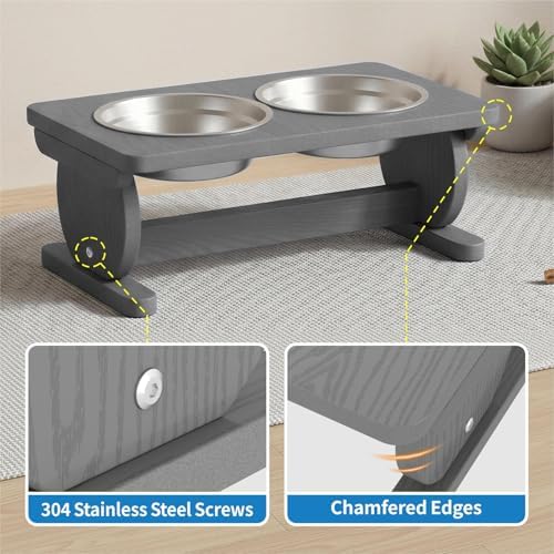 Raised Dog Bowl Stand for Small Sized Breed, Feeding Station with 21 oz 2 Stainless Steel Bowls & Licking Plate,Dog Food Bowl Gray