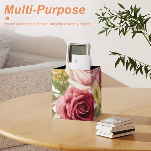Women's Pen Cup Pencil Holder Makeup Brush Storage Flower Shabby Chic Roses Buds Leaves Tulips Floral Butterfly Leather Desk Organizer