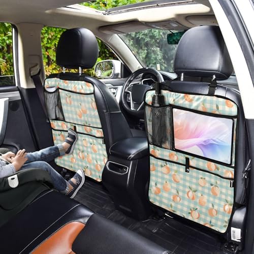 2 Pack Back Seat Car Organizer with Storage Pockets Kick Mats Back Seat Protector Hanging Car Organizer Automotive Seat Back Cover Organizers Peaches Plaid Vacation Style Blue