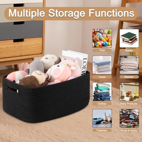 OIASKET Large Storage Basket for Organizing, Woven Rope Basket for Shelves, Closet Organizer Bins for Clothes, Blanket, Toys, Baby Nursery Storage, 17.7" x 13" x 7.87", 2 Packs Black