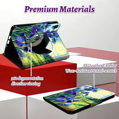 Rotating Handle Case for Samsung Galaxy Tab A 10.1" 2019 SM-T510/T515/T517, 360 Degree Swivel Kickstand with Magnetic Closure Leather Protective Cover for Women Men, Blue Flower Lawn