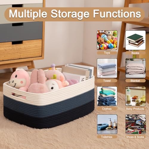 OIASKET Large Storage Basket for Organizing, Woven Rope Basket for Shelves, Closet Organizer Bins for Clothes, Blanket, Toys, Baby Nursery Storage, 17.7" x 13" x 7.87", 2 Packs Gradient Blue