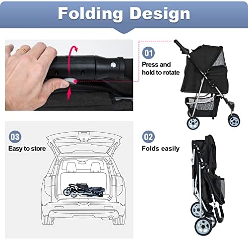 BestPet | 3-Wheel Foldable Pet Stroller | Black | Lightweight & Portable | Travel Carrier with Mesh Windows, Storage Basket, Cup Holder, Safety Brakes, and Waterproof Fabric | For Small Dogs and Cats