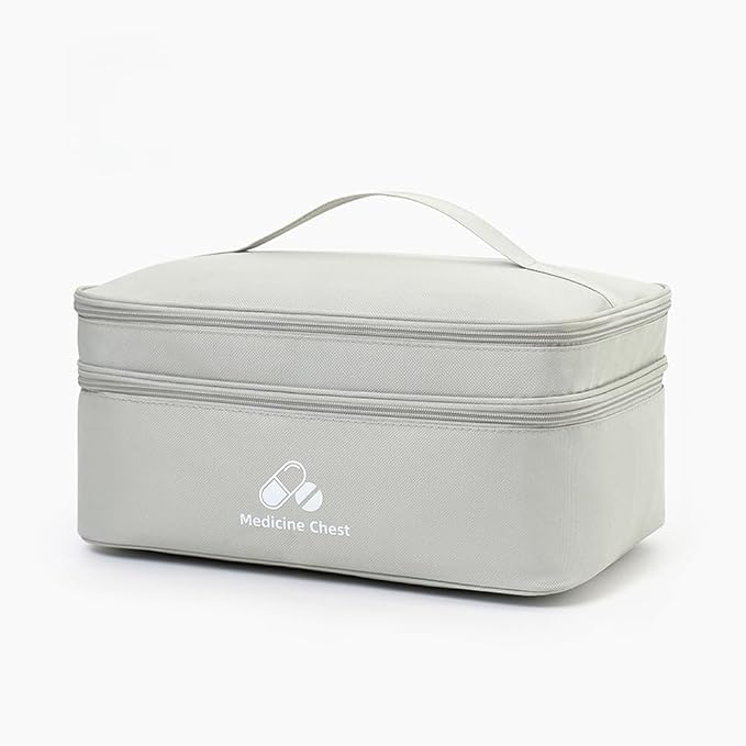 Dual Layers First Aid Bag Empty with Lockable Zipper,Pill Bottle Organizer Storage Bags,Household Medicine Storage Bag for Home Pills Vitamins Emergency Supplies Travel (Grey,13.78×9.45×6.69inch)