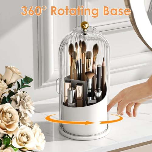 YOOLENS Makeup Brush Holder with Lid 360 Rotating Clear Dustproof Make Up Organizers for Vanity Bathroom Countertop, Transparent