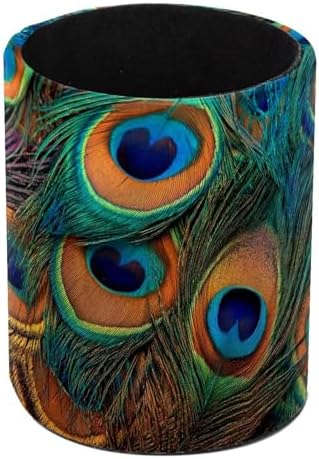Faux Leather Pen Holder for Desk, Pencil Organizer Peacock Feather Pen Cup Desk Decor Makeup Brush Holder Storage for Office Home