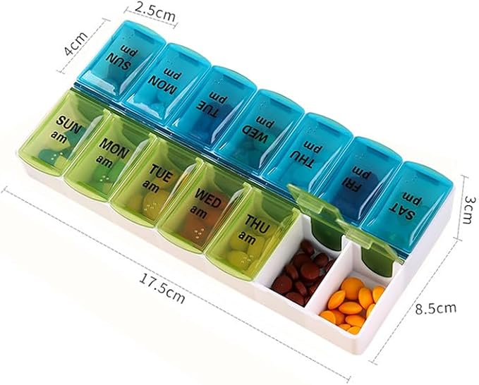 Weekly Pill Organizer Dispenser Case, 2 Times a Day, One-Side Open | 7 Day Medicine Planner Box for Easy Filling, AM PM Pill Case for Vitamins, Medication, Supplements, Fish Oils, Blue + Green