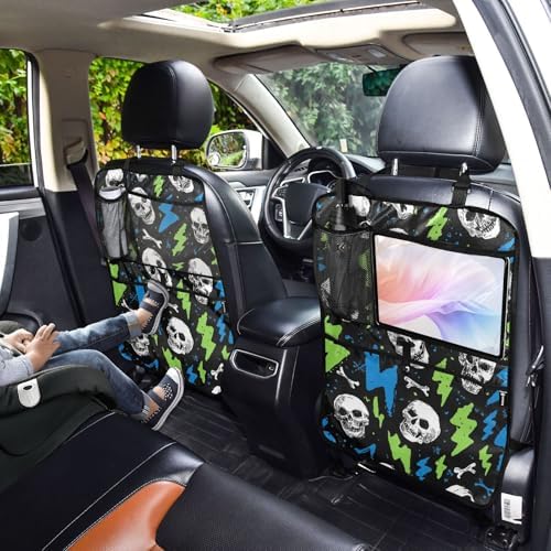 2 Pack Back Seat Car Organizer with Storage Pockets Kick Mats Back Seat Protector Hanging Car Organizer Automotive Seat Back Cover Organizers Skull Lightning Colorful