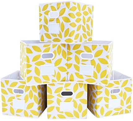 MAX Houser Fabric Storage Bins Cubes Baskets Containers with Dual Plastic Handles for Home Closet Bedroom Drawers Organizers, Flodable, Set of 6 (Yellow)