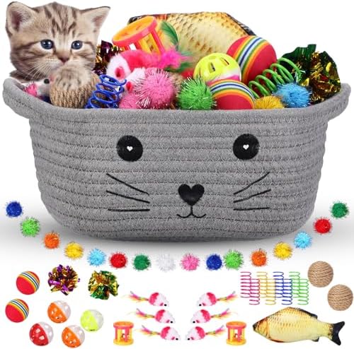 Zopeal 58 Pcs Summer Cat Storage Basket Gift Toys Set, Colorful Flashing Balls Pet Bell Crinkle Balls Spring Toys Attract Cat to Swat, Hunt, Interactive for Pet(Grey,9.8 Inch)