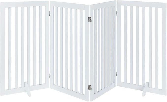 unipaws 36”H Free Standing Pet Gate for Dog, Tall Wooden Dog Gate, 80” Wide | Foldable Pet Fence for Doorway, Stairs, Step, Expandable Doggy Barrier, Room Divider, Indoor Use, White