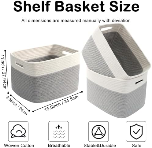 3 Pack Woven Baskets,Storage Baskets for Shelves with Handles | 13.5"×11"×9.5", Closet Baskets, Nursery Organizer for Toys Towels Books, Storage Bin for Living Room Bedroom (White & Grey)