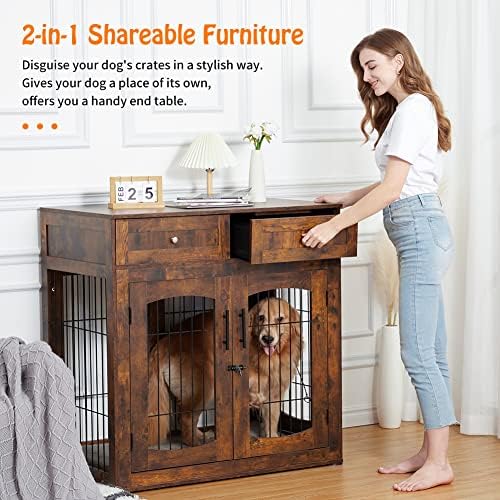 40'' Wooden Dog Crate Furniture, Farmhouse Dog Kennel Indoor Furniture Style Dogs Crate Table with 2 Drawers for Small, Medium & Large Dogs Brown