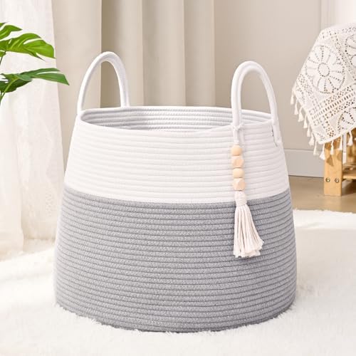 Large Nursery Hamper, 60L Blanket Basket with Handle, Baby Laundry Basket for Gift, Toy, Clothes, Woven Storage Basket with Wooden Bead Decor, Baby Hamper for Nursery (Grey)