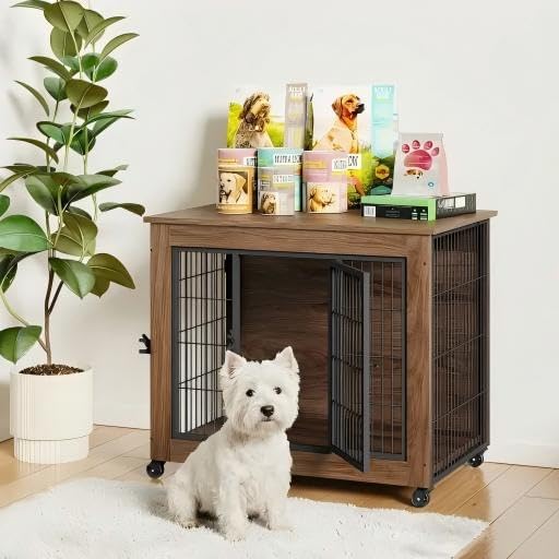 Dog Crate Furniture with Wheels, Wooden Dog Kennel Indoor, Decorative Side End Table for Small Dogs, Easy Installation (32.5'')