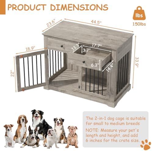 PRETZI Dog Crate Furniture, 44 Inch Wooden Dog Kennel Indoor with 2 Storage Drawers, Heavy Duty Large Crate Furniture, Decorative End Table Cage Furniture for Small/Medium/Large (Grey)