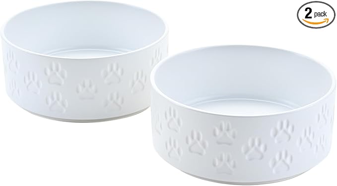 SPUNKYJUNKY Ceramic Dog Bowls 2 Pack, 8.3'' Dog Food Water Double Feeding Bowls Non-Slip for Medium to Large Sized Breed Microwave Dishwasher Safe - 60 OZ, 2pcs, Paw White