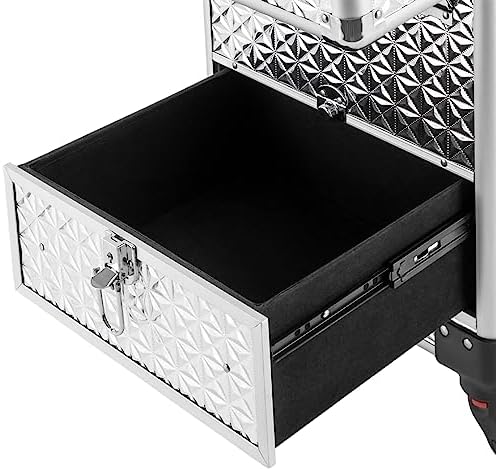Professional Rolling Makeup Train Case - Heavy Duty Aluminum Alloy Beauty Organizer with 7 Compartments, Lockable Drawer & 4 Wheels for Hairstylists, Makeup Artists, Pet Groomers