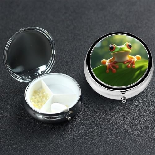 Pill Box 3 Compartment Medicine Pill Case for Pocket or Purse Mini Metal Pillcase Cute Frog Pill Holder Vitamin Organizer Portable Travel Pills Container to Hold Supplements Vitamins
