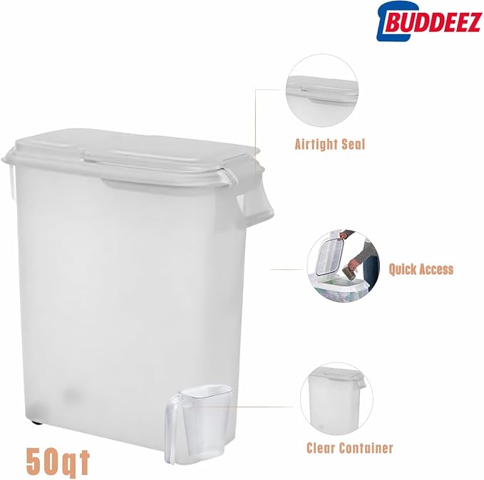 Buddeez Airtight Rolling Pet Food Storage Container, 50 Quart, with Scoop | For dog food, cat food or bird seed, Rolling bin for easier movement, Includes scoop
