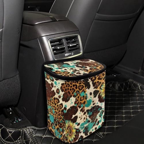 Cow Sunflower Print Trash Bag for Car with Lid Multipurpose Trash Bin Waterproof Garbage Can Decoration Universal Car Interior Accessories