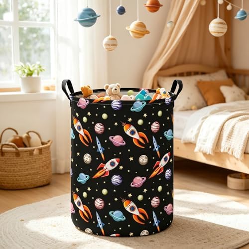 Round Laundry Basket Collapsible Storage Hamper Organizer Planet Rocket | Waterproof Canvas Foldable Baskets with sturdy Handles Multi-scene Organizer for Home Play Bedroom Gift Bin