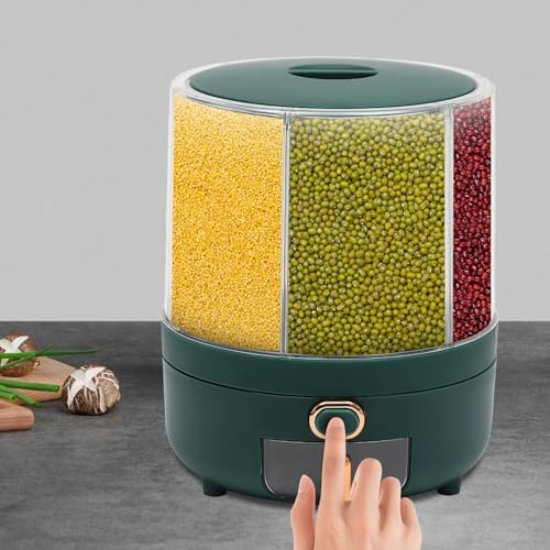 360° Rotating 6 Grid Rice & Cereal Dispenser, Dry Grain Storage Organizer | Rice Storage Container with Independent Drawer and Lid, Dry Food Dispenser for Store Rice&Various Beans, 14.33lbs Capacity