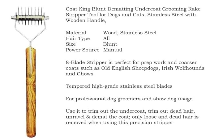 Undercoat Dematting Rake for Dogs & Cats – Grooming Tool with Stainless Steel Teeth & Wood Handle – Undercoat Remover for Thick & Matted Pet Fur (8 Blades)