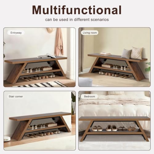 2-Tier Shoe Storage Bench, 55" Large Solid Wood Entryway Stool Storage | Shoes Racks for Entryway, Spacious Multi-Purpose Bench for Families, Guest Entryways, and High-Traffic Areas