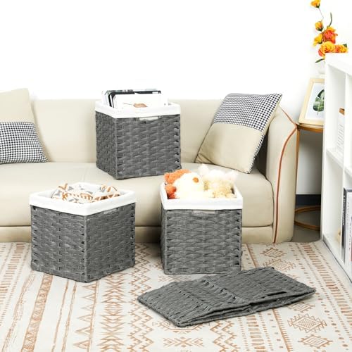 Bidtakay Wicker Storage Baskets for Organizing 4-Pack Hand-Woven Imitation Dark Grey Wicker Cube Storage Bins with Liners for Shelves Closet Cabinet 11x11 Waterproof Cube Organizer for Pantry