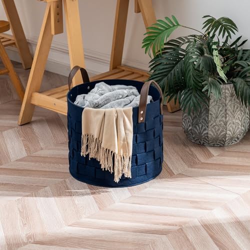 BOLDMONKEY Blankets Basket 15" x15 " x13 " 2 Pack, Felt Storage Baskets for Organizing Round, Living Room Dog Toy Bin for Dirty Clothes, Pillows, Towel-Navy Blue