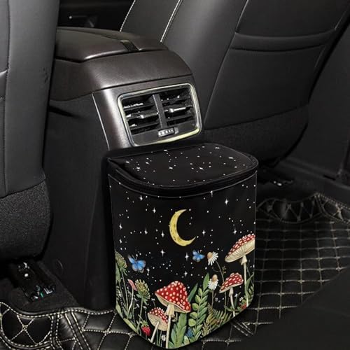 DISNIMO Moon Mushroom Car Trash Can Butterfly Automotive Garbage Bags with Lid Leak Proof Auto Car Dustbin Vehicle Trash Bin Container Waste Basket Car Accessories for Cars SUV