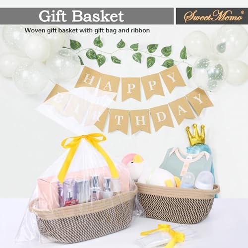 Large Gift Basket Empty with Handles, 12x8x5 inch - Medium Woven Rope Bin for Adult, Men, Boys, Pet Toys, Shelves - With Gift Bag & Ribbon, Washable, Resuable - Dark Brown