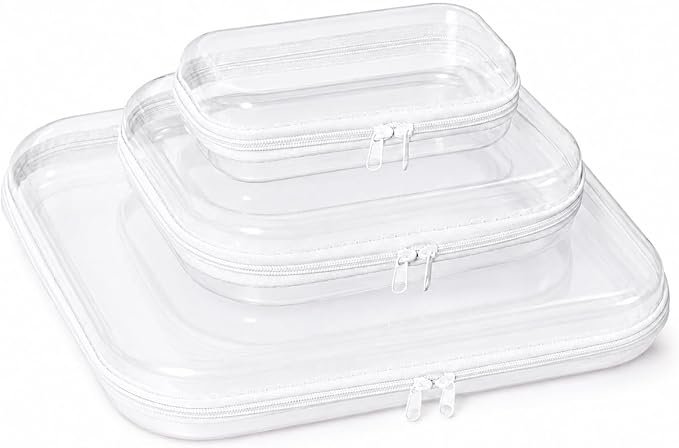 3 Pack Clear Hard Shell Zipper Case (1XL + 1L + 1M, White) | Travel Toiletry Bag, Waterproof 1.2mm PET Hard Plastic Pouches, Organizer Box for Makeup, Toy, Snack, Stationery, Diaper