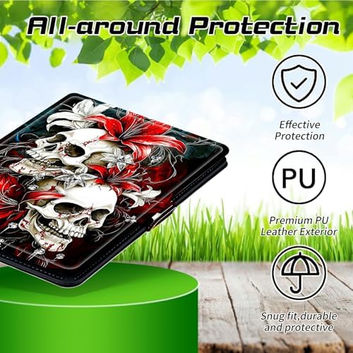 Universal Tablet Case for T-Mobile Revvl Tab 2 10.1" 2025/Revvl Tab 5G 10.36" 2023, 360 Degree Rotating Kickstand Protective Stand PU Leather Shell Cover for 9"-10.5", Red Lily Skull