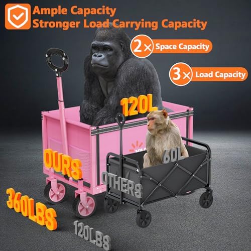 YACONA 3 in 1 Wagons Carts Foldable, 360LBS Lightweight Wagon with All Terrain Wheels, Collapsible Wagon Cart for Grocery, Camping, Beach, Garden & Sports