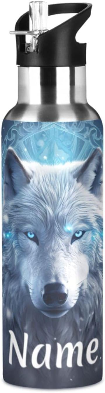 Custom Name Wolf Boho Water Bottle with Straw Lid Kids Insulated Stainless Steel Water Flask Sports, 20 Oz Hot Cold