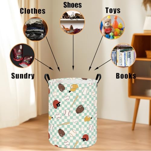Round Laundry Basket Collapsible Storage Hamper Green Grid Baseball | Waterproof Canvas Foldable Baskets with sturdy Handles Multi-scene Organizer for Home Play Bedroom Gift Bin